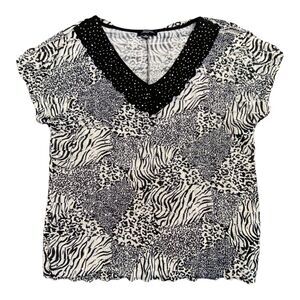 Notations Blouse Womens 1X Plus Size Ruffled Sequin Top‎ Zebre Cheetah Print